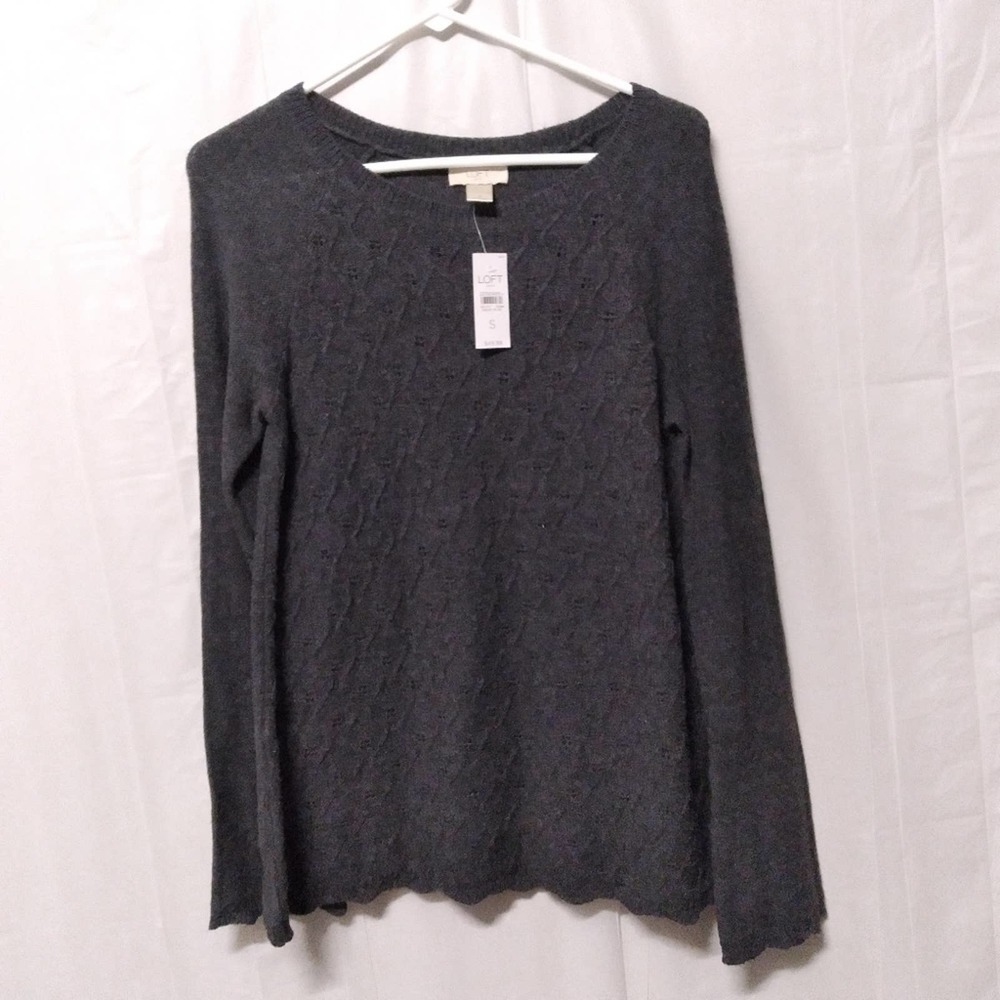 🦋 LOFT Pointelle Sweater Charcoal Boat Neck Small NWT